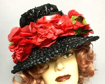 FAB vintage 1950's Black Straw Hat, "Le Charme", 50s Wide Brim FLORAL Hat, with Large RED Flowers