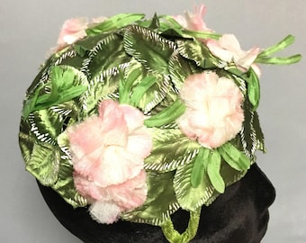 1950's Pink & Green FLORAL Hat, w Hand PAINTED Leaves, Gorgeous 50s Hat w Flowers