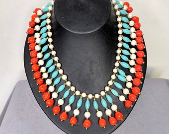 Fringed 1940’s GLASS Beaded Egyptian Collar Necklace, Faux Turquoise, Coral and Pearl Beads