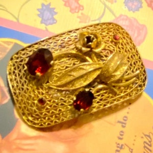 1930’s BRASS Filigree Pin w Garnet Czech Glass Brooch