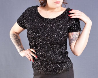 Black Hand BEADED 50s Blouse / 1950's Shell Style Top / SILK Lined / size Medium