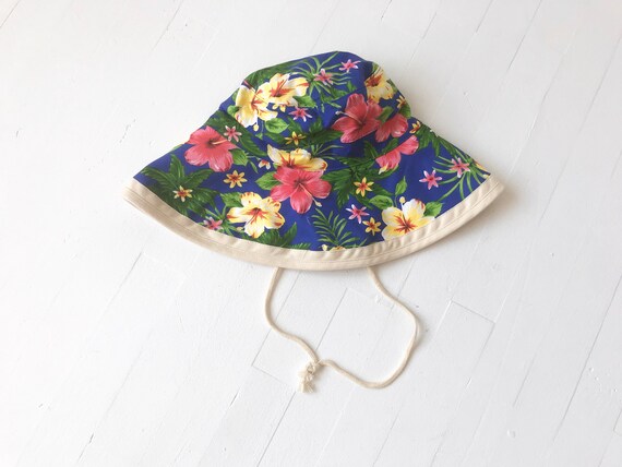 1990's Blue Tropical Print Drawstring Bucket Hat