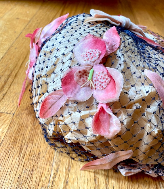 Pink Floral Vintage Hat With Veil Vintage Black Satin Evening Hat with Glitter & Veil 1960s  main image 4