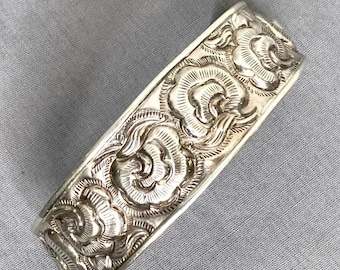 Large sized STERLING Silver Cuff Bracelet, Floral Repousse Design