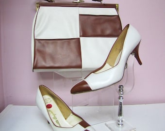 MOD Vintage 60's COLORBLOCK Purse, and 2 Tone High Heel Shoes, Set / Size 7.5 aa