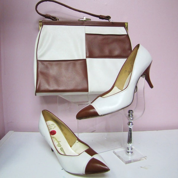 MOD Vintage 60's COLORBLOCK Purse, and 2 Tone High Heel Shoes, Set / Size 7.5 aa