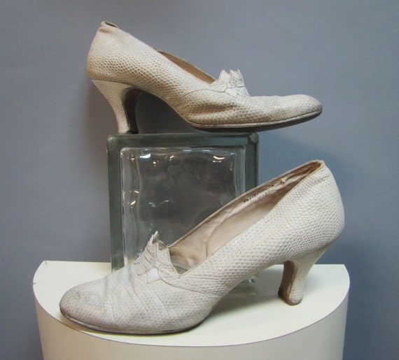 30's White Lizard Leather Dance Heels / ANTIQUE S… - image 1