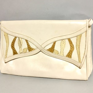 80&#39;s Cream Leather Stuart Weitzman Clutch Bag with SNAKESKIN, 1980s Shoulder Strap Purse