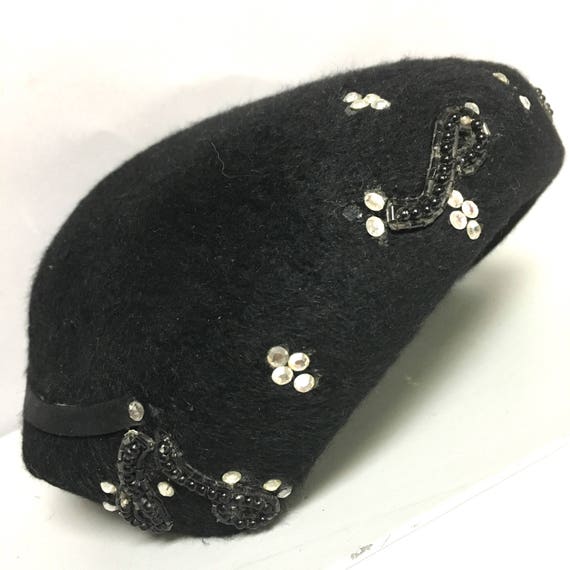 1950s Black COCKTAIL Hat / Fur Felt with Rhinesto… - image 2