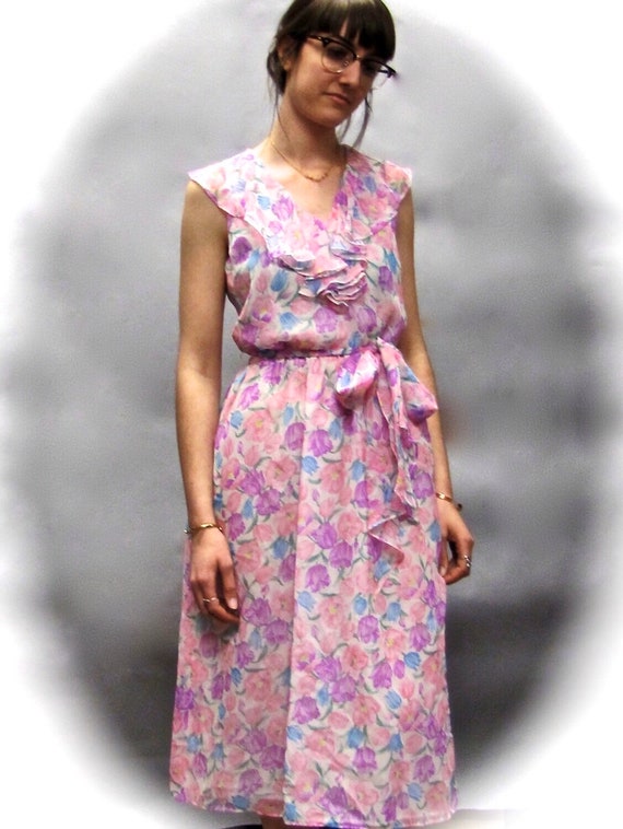 80's Vintage PINK Floral CHIFFON Dress with Ruffl… - image 5