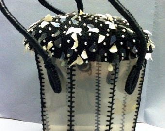 Unusual 1940's STRAW Purse, LUCITE Plastic Box Bag with Shell Sequins, Made in Italy