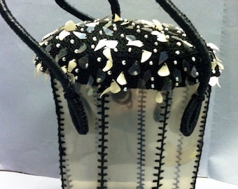 Unusual 1940's STRAW Purse, LUCITE Plastic Box Bag with Shell Sequins, Made in Italy