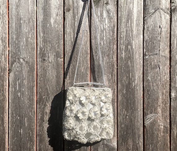 Fun Vintage 1960's Silver BEADED Bag / 70s DISCO … - image 1