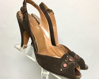 Brown OPEN Toe, Vintage 1940's Suede SLINGBACKS, ROCKABILLY High Heel Shoes w Studs, size 6