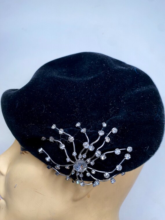 Vintage Black Velour Hat Cloche Style Rhinestone Decoration Vintage Black Velour Cloche Hat With Rhinestine Buckle - Etsy main image 3