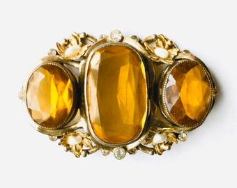 Heavy 1930’s VICTORIAN Revival Pin / 30s Sash Pin / 40’s Brooch with Faceted AMBER Glass Stones, Fabulous Large ANTIQUE Brooch