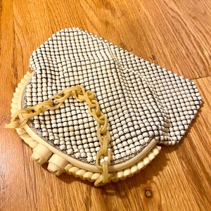 Vintage 1930s Cream Whiting & Davis Mesh Purse with Heavy Carved BAKELITE Frame
