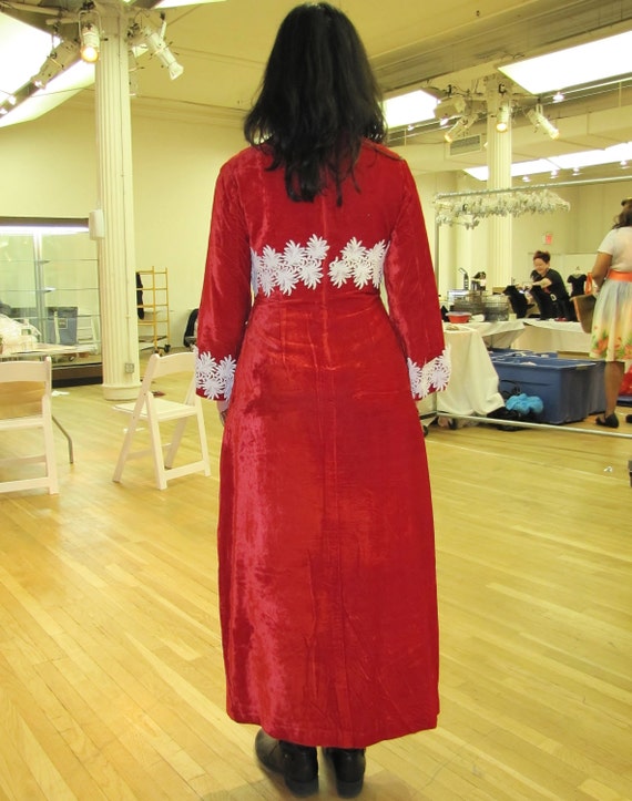 Vintage 1960's Red Velvet Empire Waist Dress, Whi… - image 4