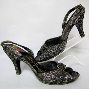 FRENCH Room Originals, 1950&#39;s ROCKABILLY Open Toe Shoes, High Heel SLINGBACKS, size 8 aa