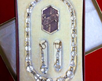 MIB Deltah Vintage 40's, Art DECO CRYSTAL, w/ Gold Beads on 14k Chain Necklace & Earrings, Original Presentation Box