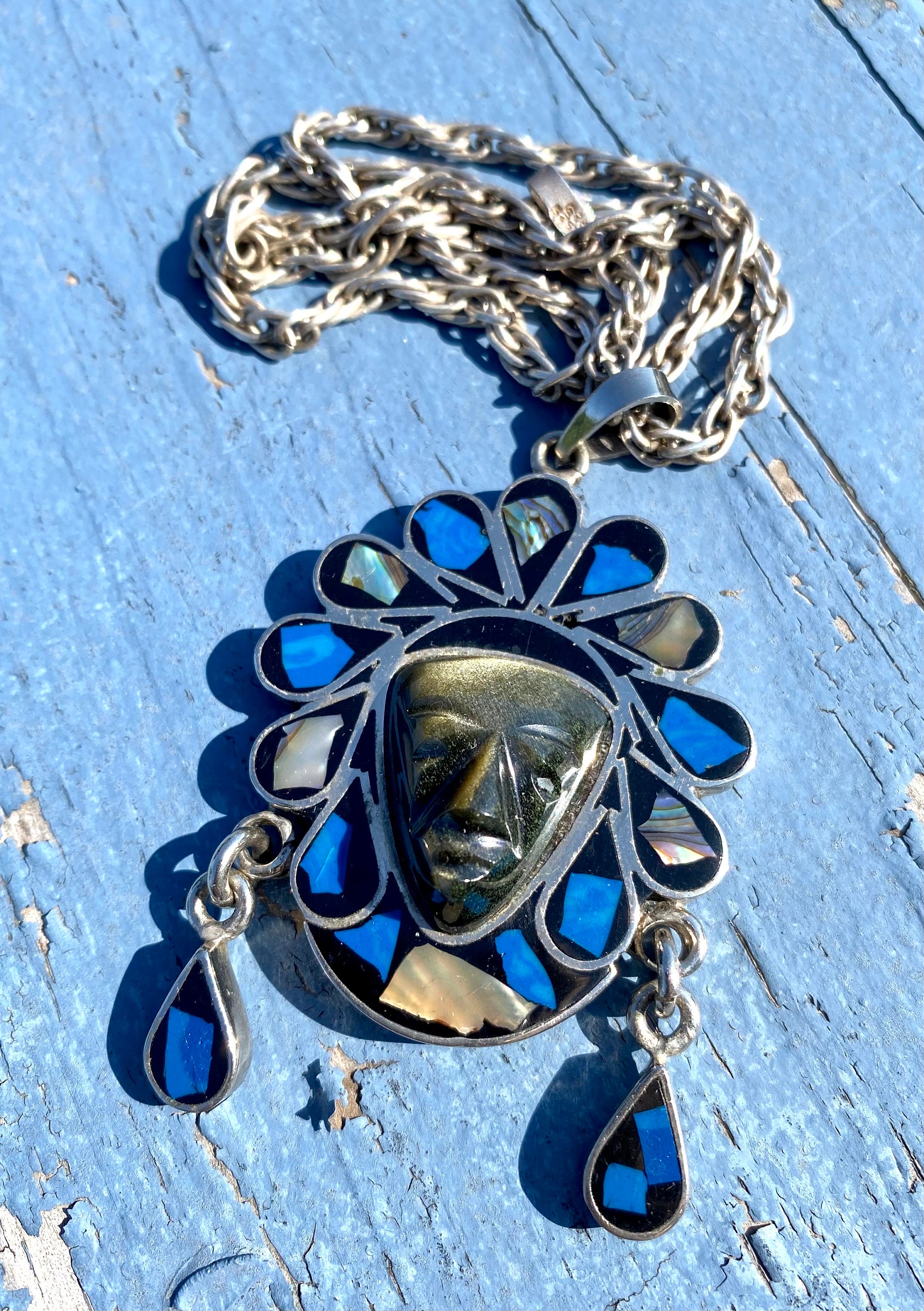 大きな取引 Obsidian Necklace, 925 Mexican Vintage AZTEC W Warrior アクセサリー
