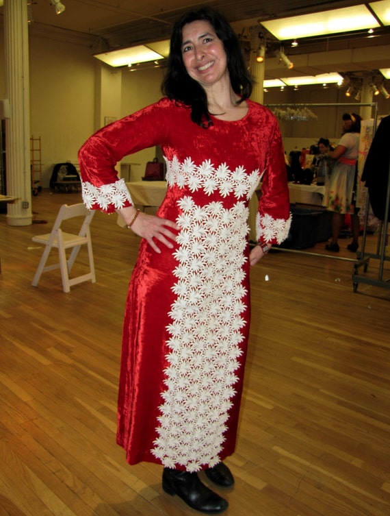 Vintage 1960's Red Velvet Empire Waist Dress, Whi… - image 2