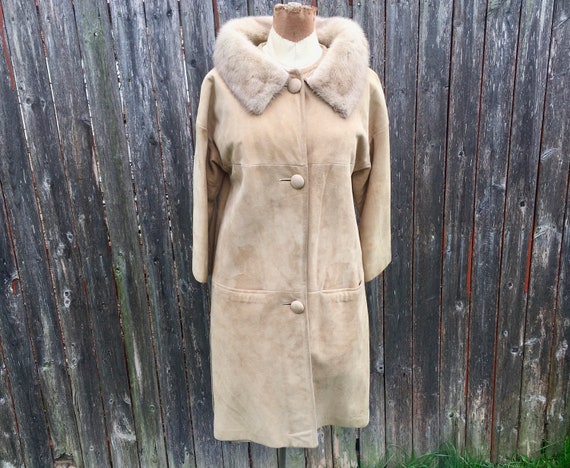 suède fur jacket / Mods coat vintage RARE Brown Suede Parka W White Faux Fur Lining (vintage / 80s