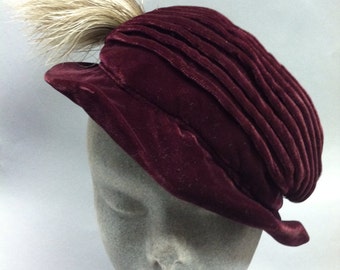 Early 1940's Vintage "New York Creation", Maroon VELVET Almost CLOCHE Style Hat with Feather