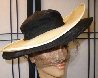 UNUSUAL 50s Hat, Gilbert Orcel French Designer Hat, Black & Cream Straw WIDE BRIM Hat