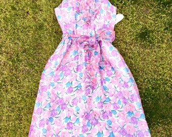 80's Vintage PINK Floral CHIFFON Dress with Ruffles, Size Small to Medium