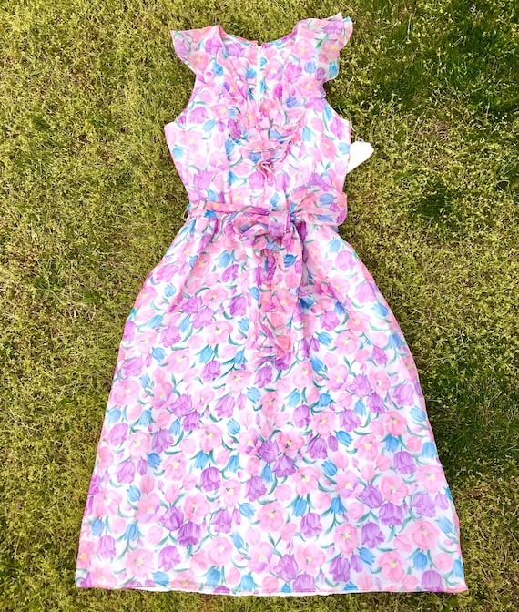 80's Vintage PINK Floral CHIFFON Dress with Ruffle