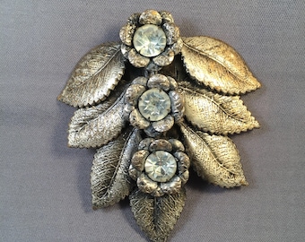 Pretty 1930's Art DECO Floral Dress Clip, with Silver Plated BRASS and Large Rhinestones