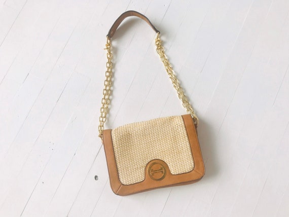 1970's Leather + Wicker Shoulder Bag