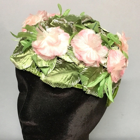 1950's Pink & Green FLORAL Hat, w Hand PAINTED Le… - image 2