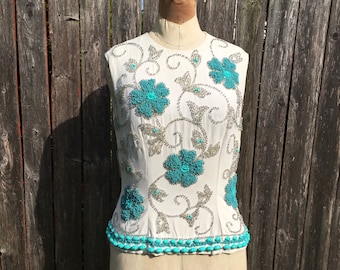 Fab 50s Aqua Beaded Shell Top