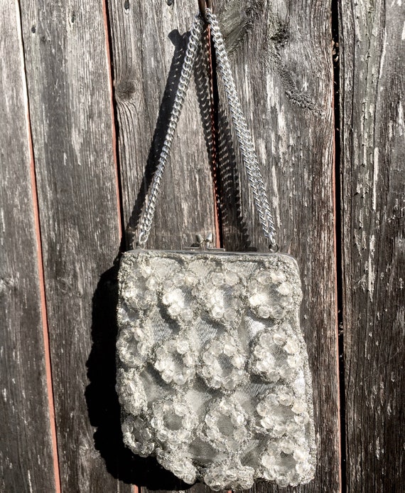 Fun Vintage 1960's Silver BEADED Bag / 70s DISCO … - image 7