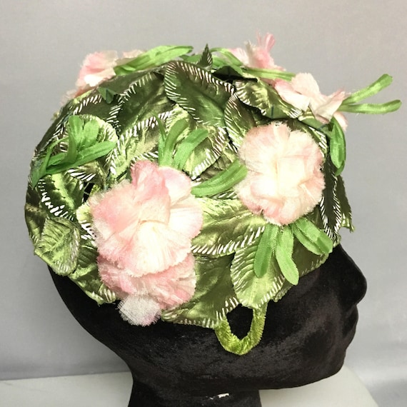 1950's Pink & Green FLORAL Hat, w Hand PAINTED Le… - image 1