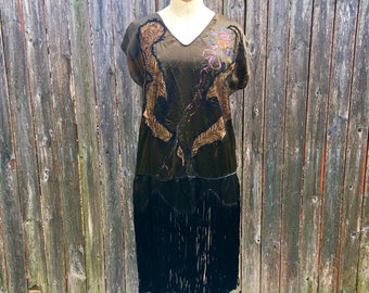 Genuine 1920's Black Fringed FLAPPER Dress with Hand Painting, AS IS