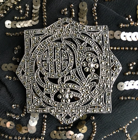 Large Statement Piece, 1920's ART DECO Brooch, 20s Sterling Silver Marcasite Pin, w Intricate Open Cutwork