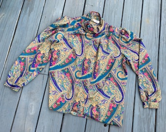 70s/80's Satiny Paisley Sexy Secretary Blouse