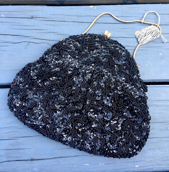 50s Black HAND Beaded Purse, Gorgeous Black Beade… - image 4