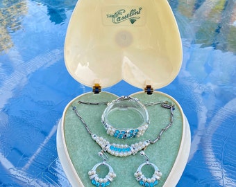 Vintage 1950's Parure, Blue RHINESTONE and Pearl Set in Original Celluloid Box