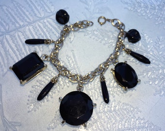 60s Black Glass CHARM Bracelet, MOD Vintage 1960's CHA-Cha Bracelet