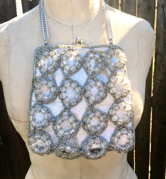 Fun Vintage 1960's Silver BEADED Bag / 70s DISCO … - image 2