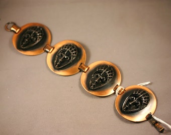 Unique Mid Century MODERN 1950's Vintage Tribal COPPER FACES Bracelet 4 Panel Link