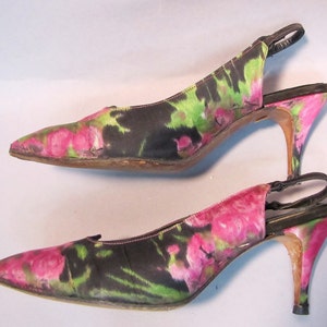 Watercolor SILK Vintage 1950&#39;s SCHIAPARELLI, Fifties Rockabilly High Heel SHOES, size 6
