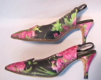 Watercolor SILK Vintage 1950's SCHIAPARELLI, Fifties Rockabilly High Heel SHOES, size 6