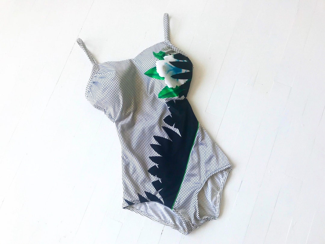 1980's Polka Dot Floral One Piece Swimsuit