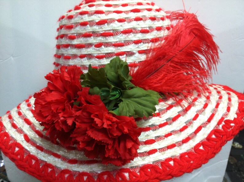 Puede incluir: Un sombrero de paja blanco y rojo a rayas con una pluma roja y claveles rojos.