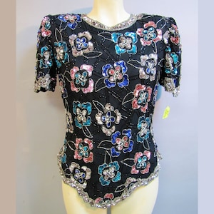 Floral SEQUINS SILK Shirt, Vintage 1980&#39;s Beaded Top, size Small